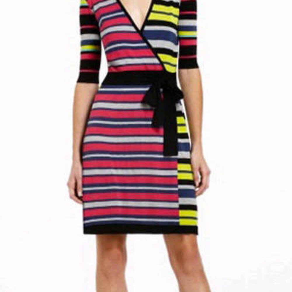 BCBG MAXAZRIA Elia Surplice Faux Wrap Fine Knit Stripe V-Neck Dress- M